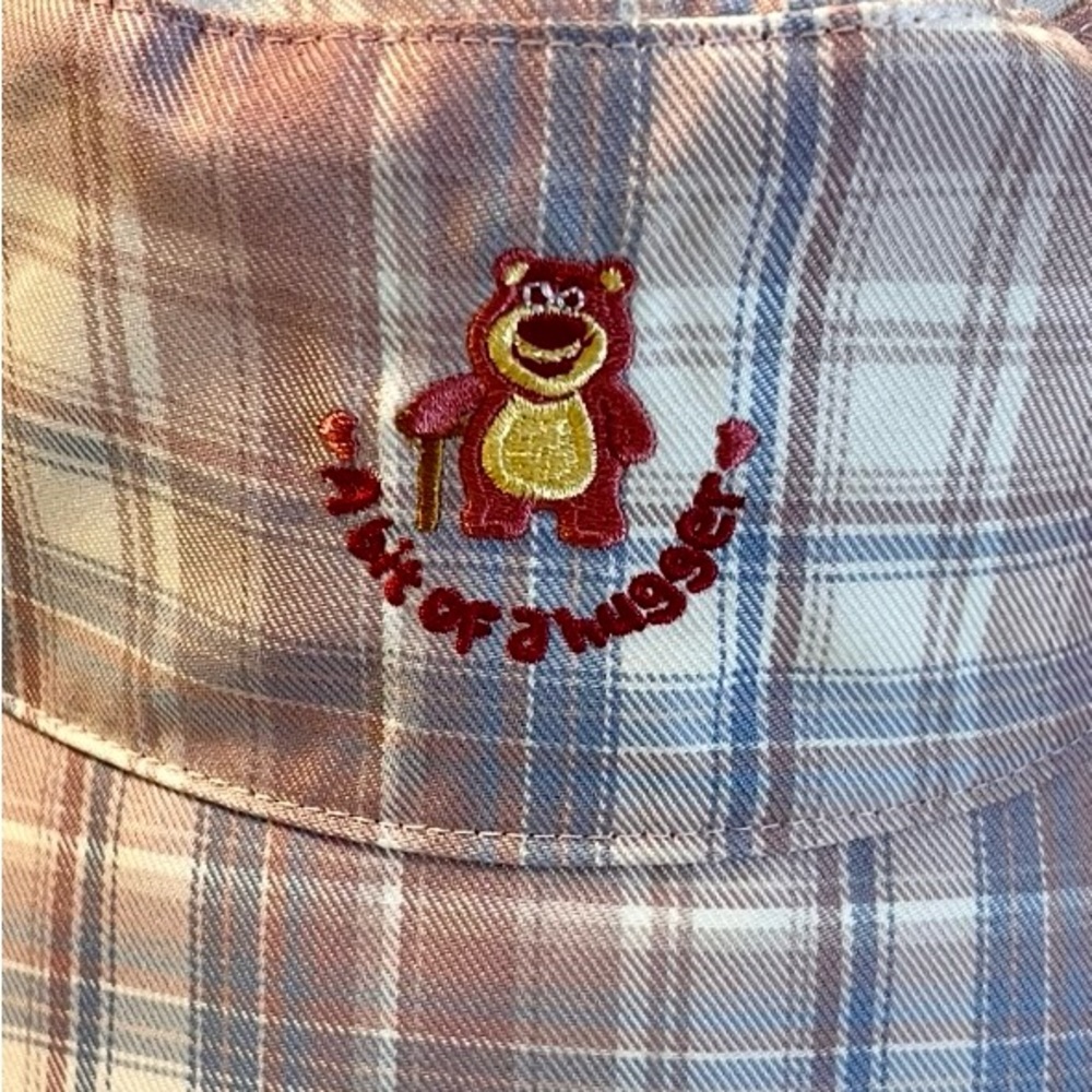 Plaid Bucket Hat with Bear Embroidery